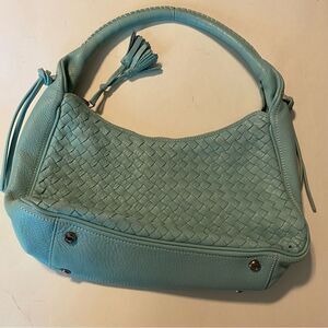 Talbots leather coastal blue woven shoulder bag purse tasseled zipper 12x7x3.25